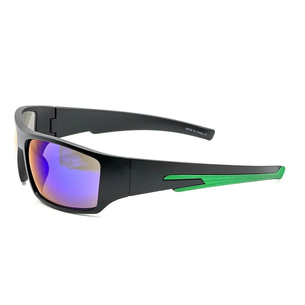 Men's Black Sunglasses With Green Accents‎ & Mirrored Blue Lenses Sport Running